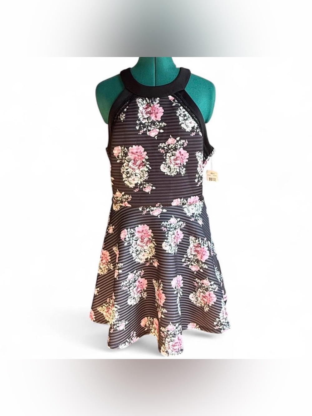 Crystal Doll Black Floral Striped Halter Dress - Pink & White Flowers